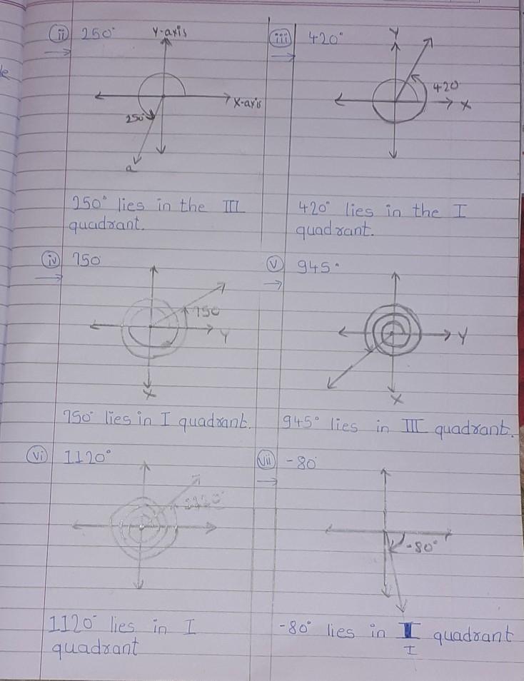 Draw the angles of the following measuresand determine their quadrants