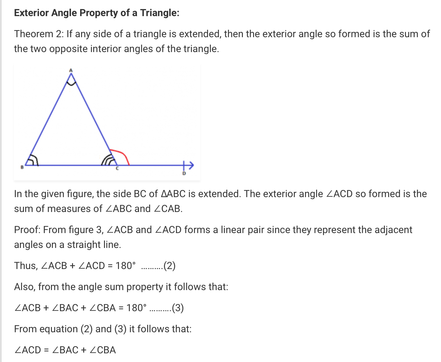 State and prove the exterior angle property of a triangle