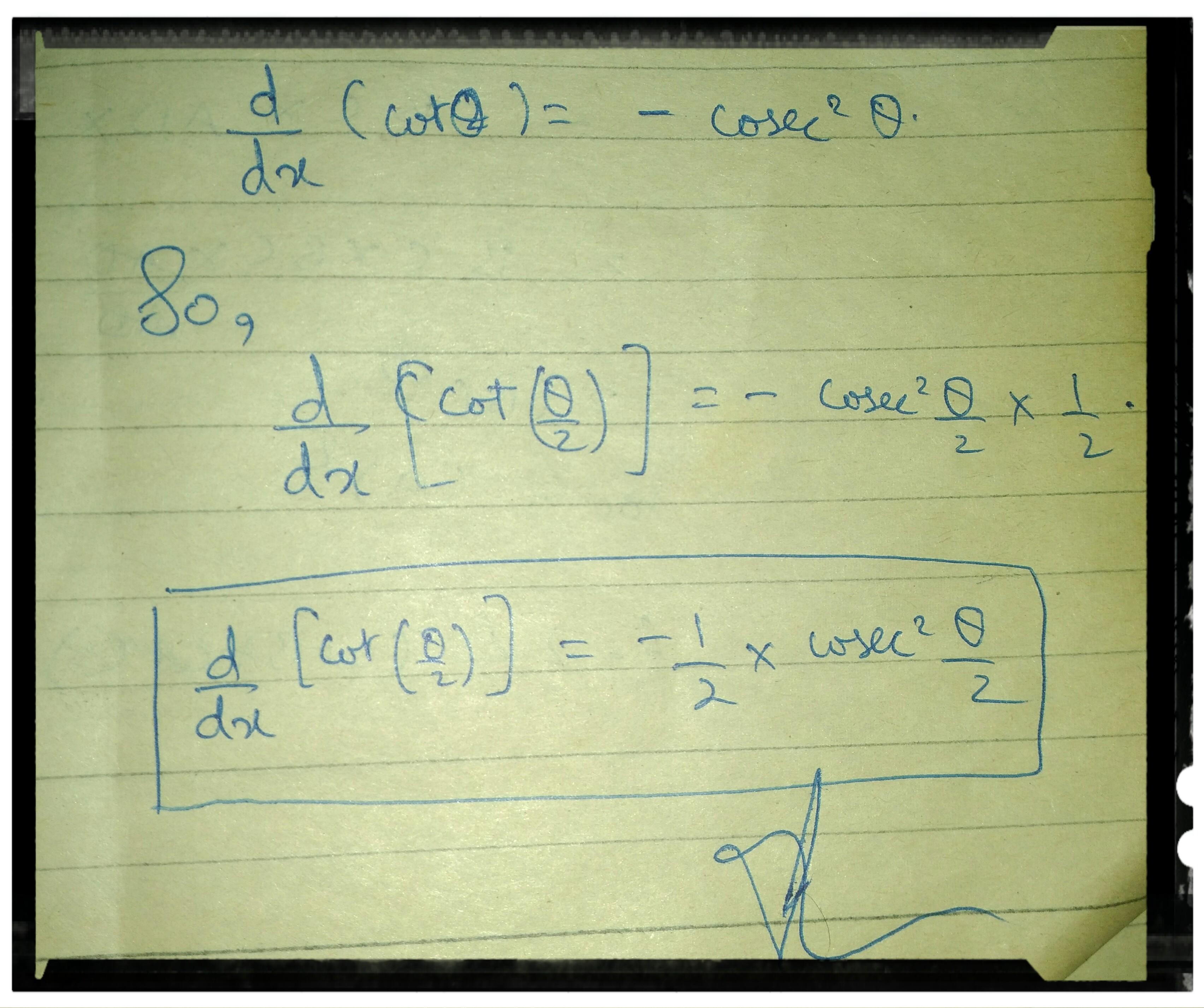 cot(theta/2) derivative formula Brainly.in