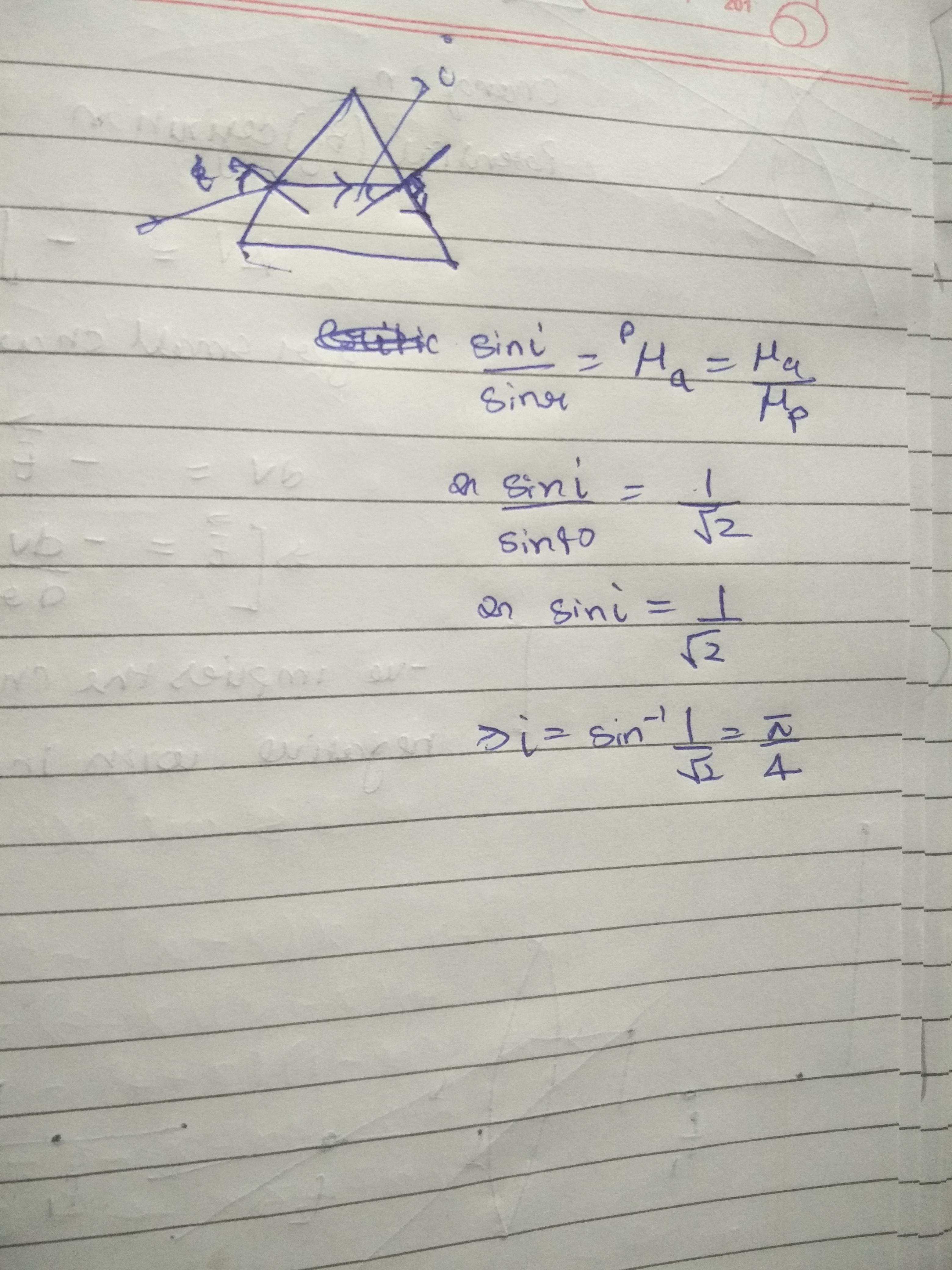 Calculate the value of the angle of incidence when a ray of light