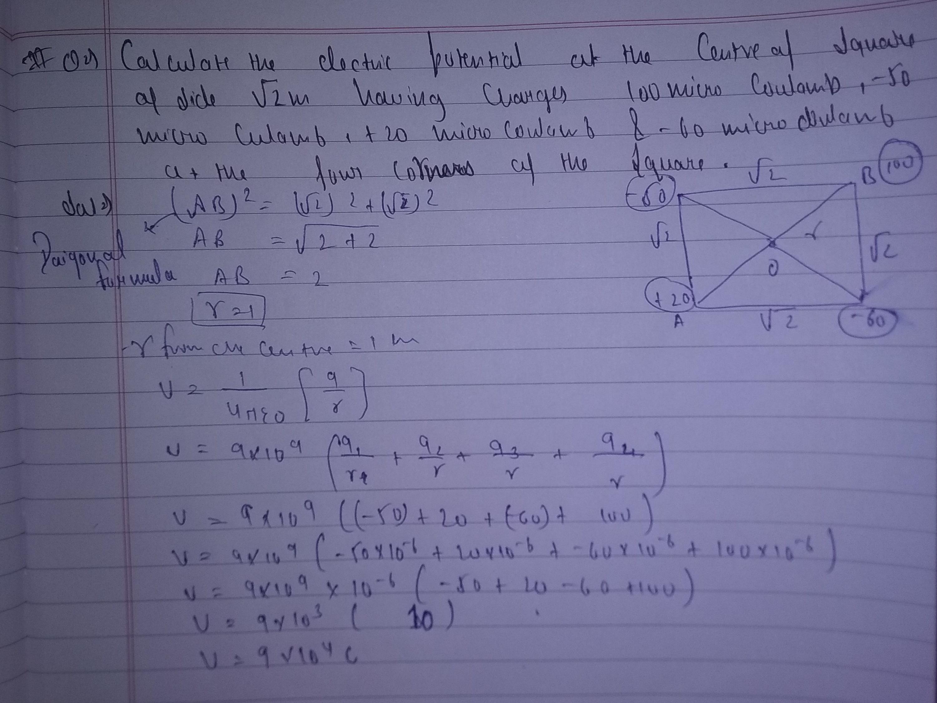 Calculate the electric potential at the center of the square of side