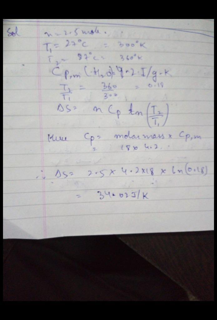 What is the change in entropy when 2.5 mole of water is