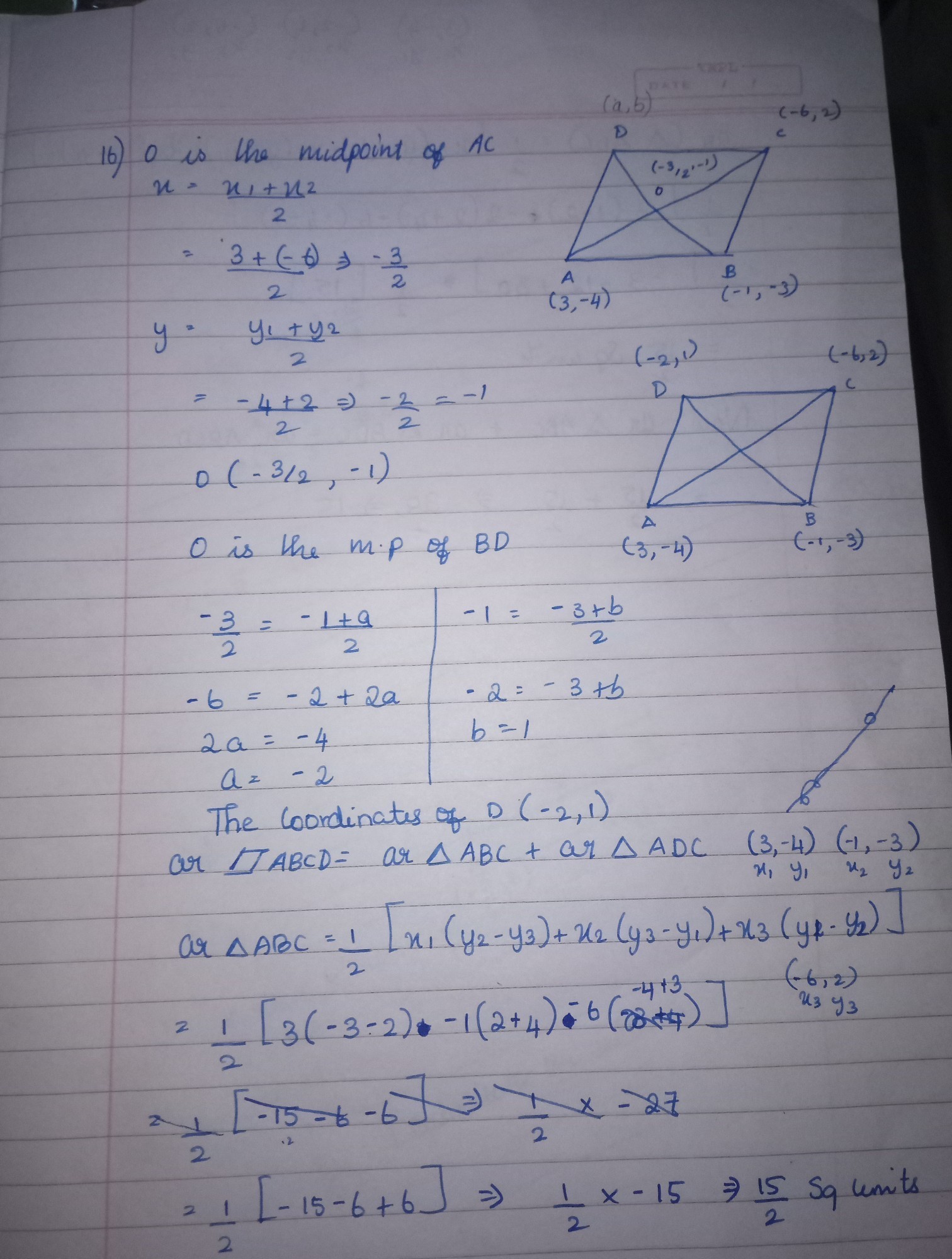 The three vertices of a parallelogram ABCD are A(3,4) B(1,3) and C