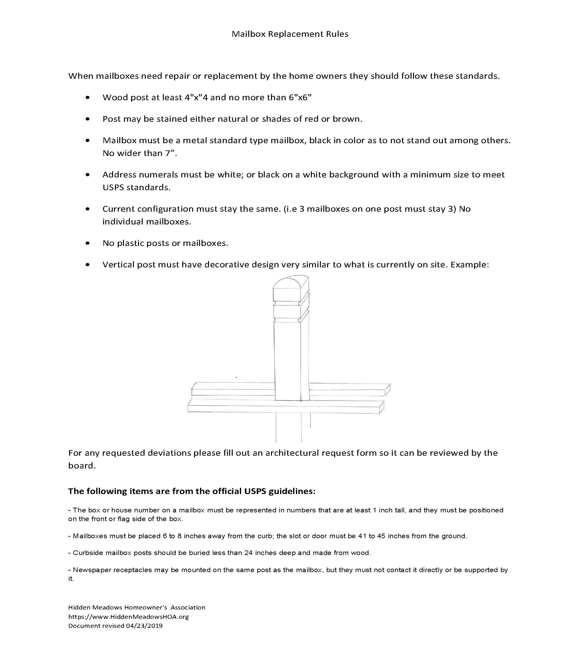 Mailbox Post Guidelines Hidden Meadows HOA
