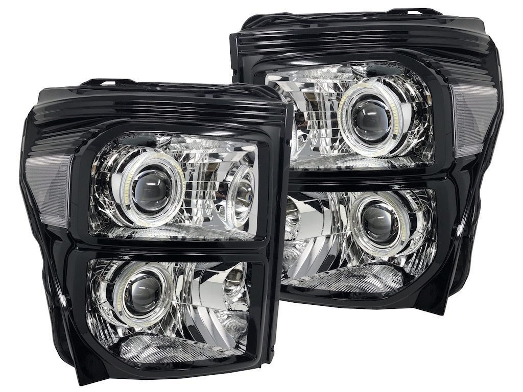 20112016 Ford F250 F350 Black Chrome Headlights LED Halo Retrofit