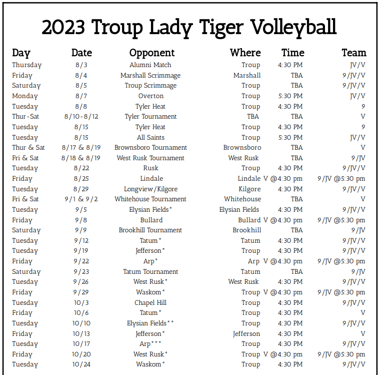 THS Football, Volleyball, and Cross Country Schedules Troup High School