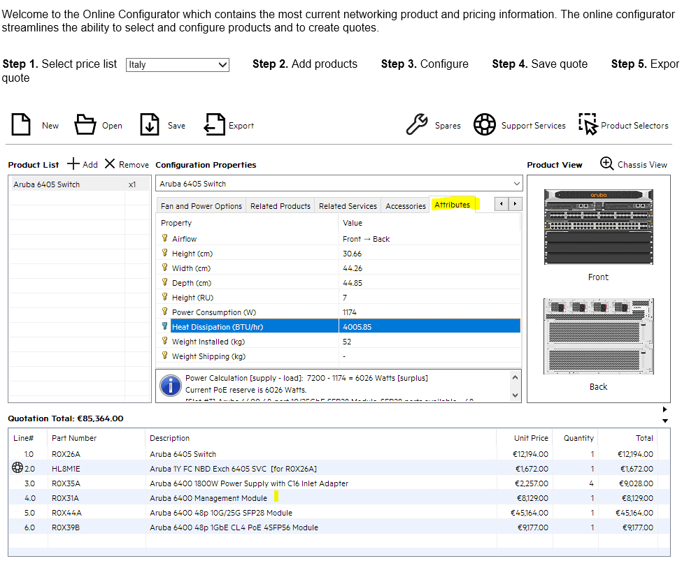 Aruba CX 6405 btu/h calculator Wired Intelligent Edge