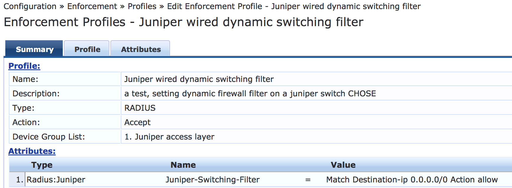 has anyone every gotten the radius attribute JuniperSwitchingFilter