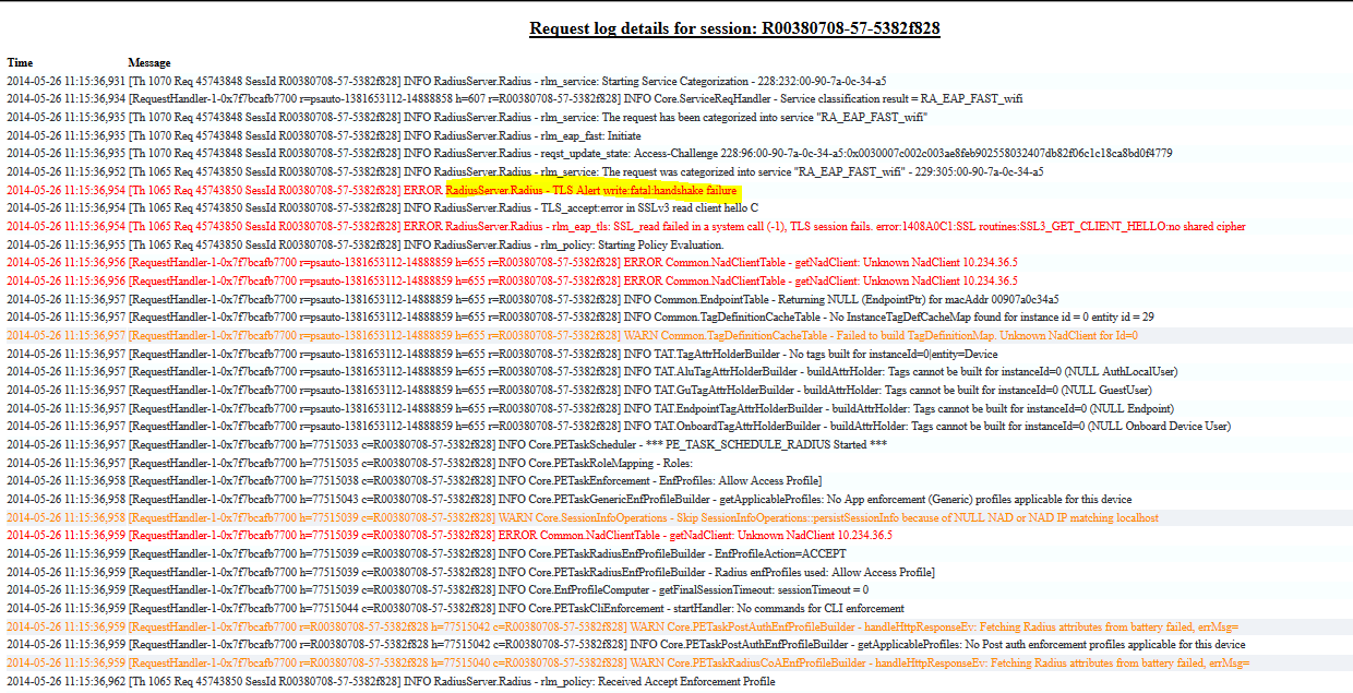 CPPM ERROR RadiusServer.Radius TLS Alert writefatalhandshake