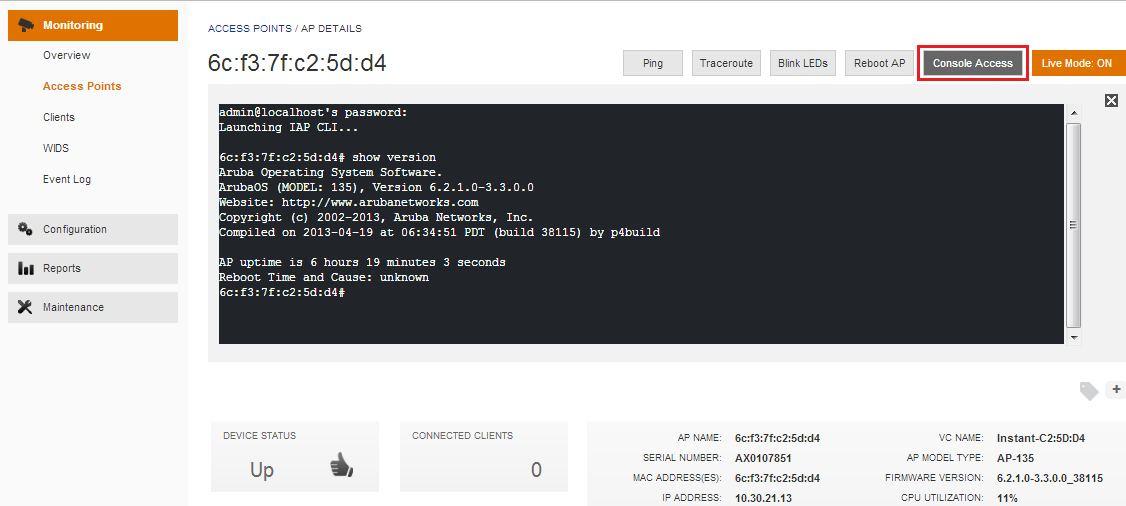 How can we access the Command line (CLI) of an Aruba Central managed