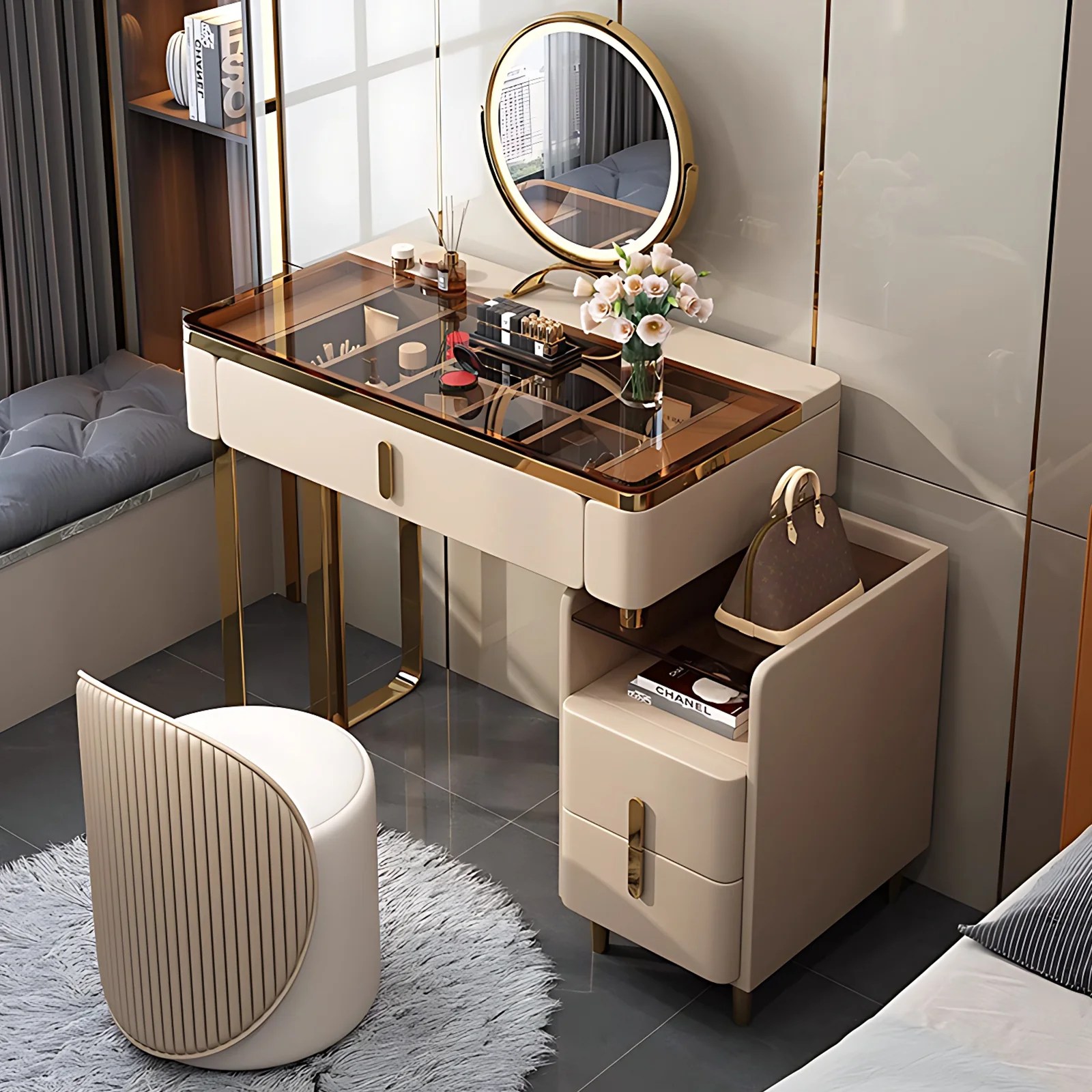 GlassTop Makeup Vanity Set with Circle RotatingLED Mirror and Stool