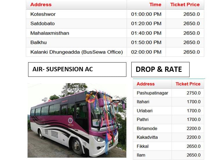 Kathmandu to Kakarvitta Tourist Bus Service Ticket Price