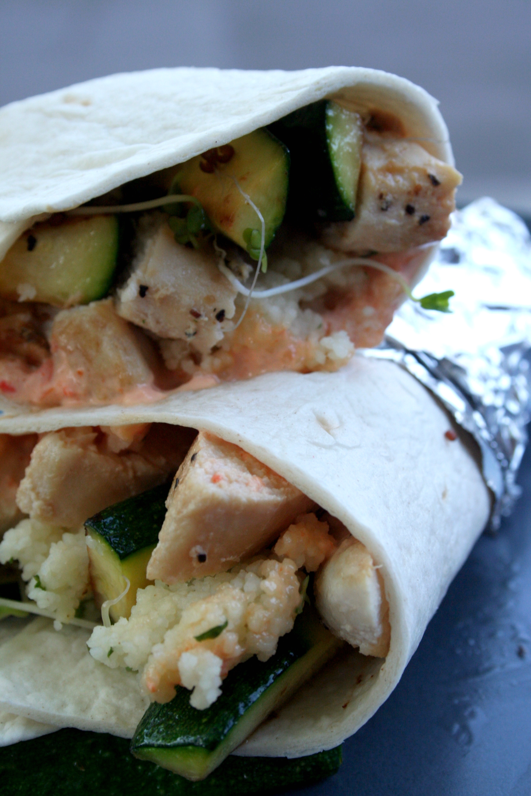 Chicken Couscous wraps with red pepper mayonnaise Hilary Makes