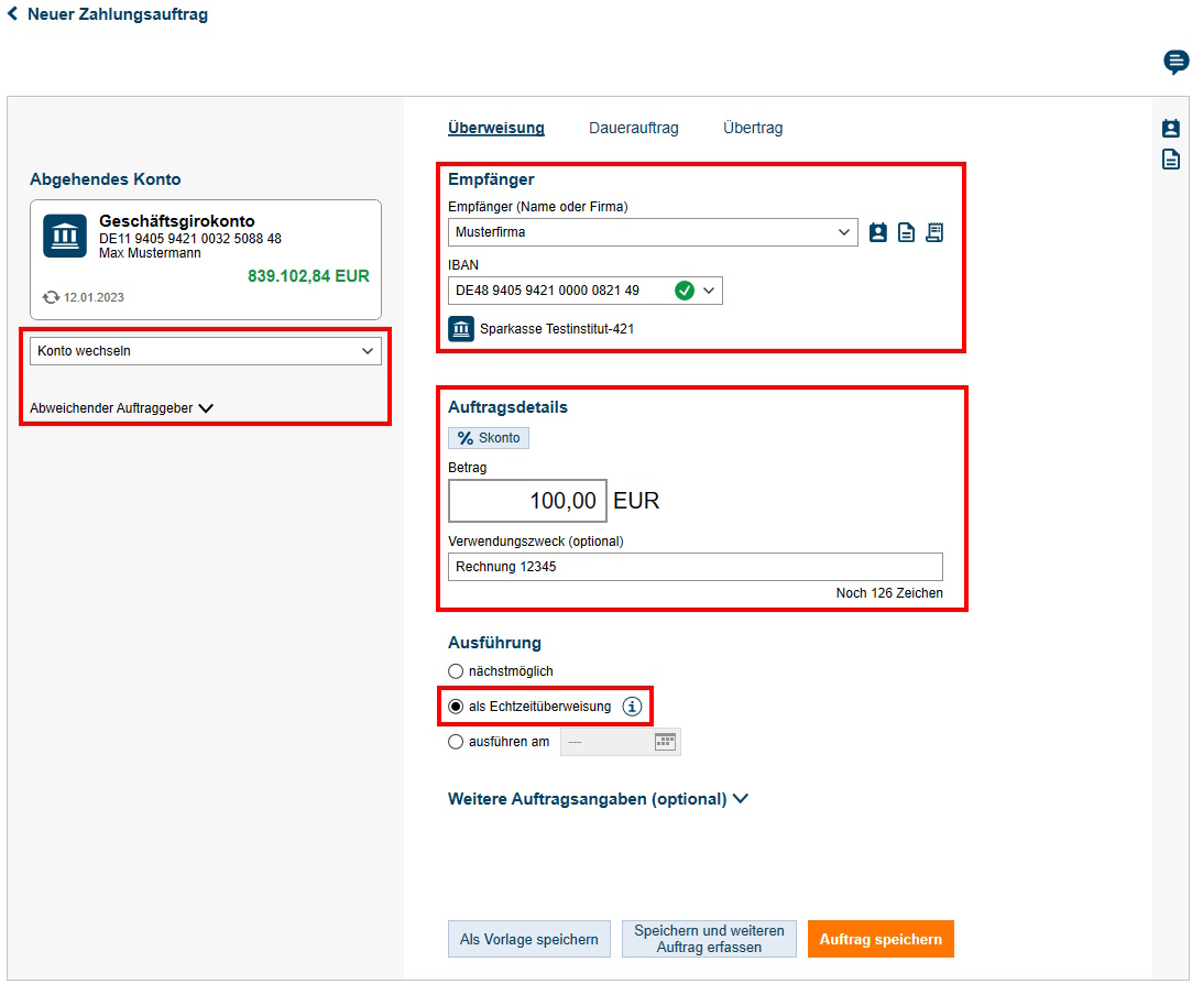 Die EchtzeitÜberweisung/Sammelüberweisung in StarMoney Business 11