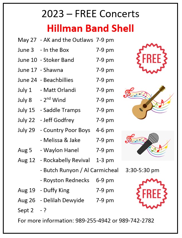 List of Bands for 2023 at the Hillman Bandshell The Hillman Area