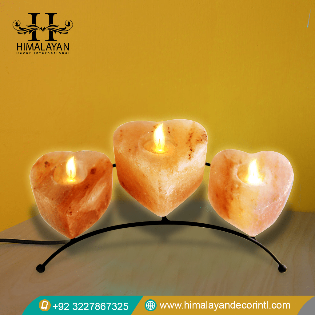 Himalayan 3 Salt Candle Holder Heart Shape with Metal Stand
