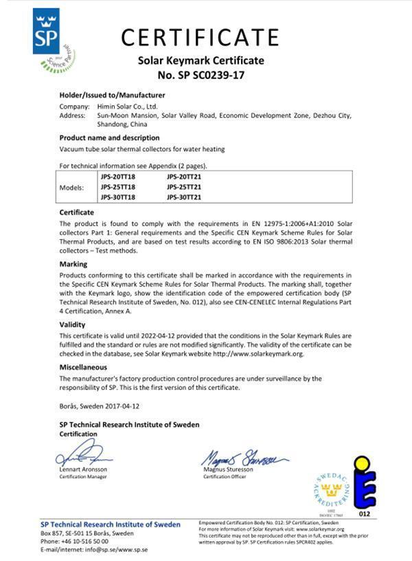 Himin Solar Energy Solar Water Heater Certificates