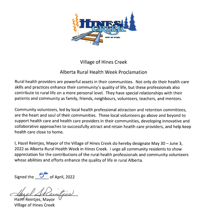 Alberta Rural Health Week Village of Hines Creek
