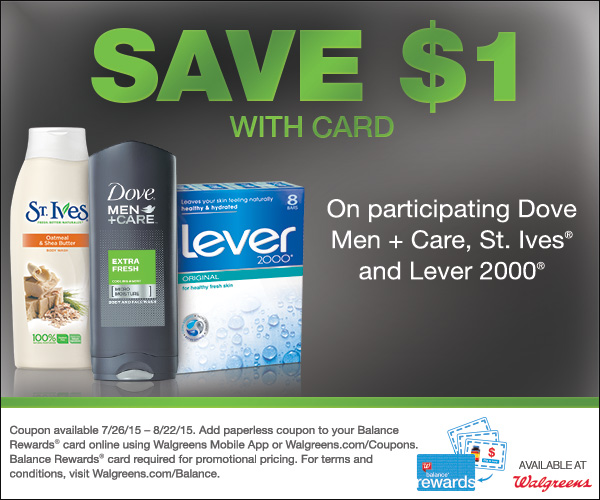 Walgreens Save 1 on Dove Men+ Care, St. Ives AND Lever 2000 (Digital