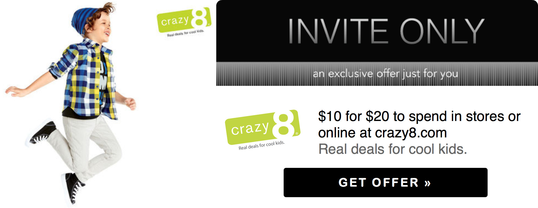 LivingSocial 20 Crazy8 Voucher Only 10 (Valid InStores or Online