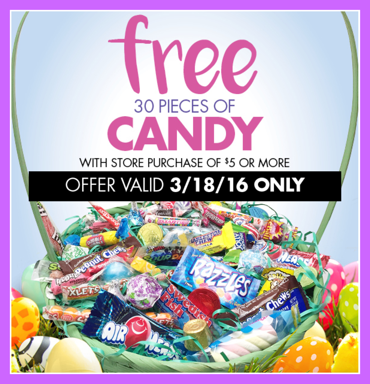Party City 30 Free Pieces of Candy with 5 InStore Purchase (Today