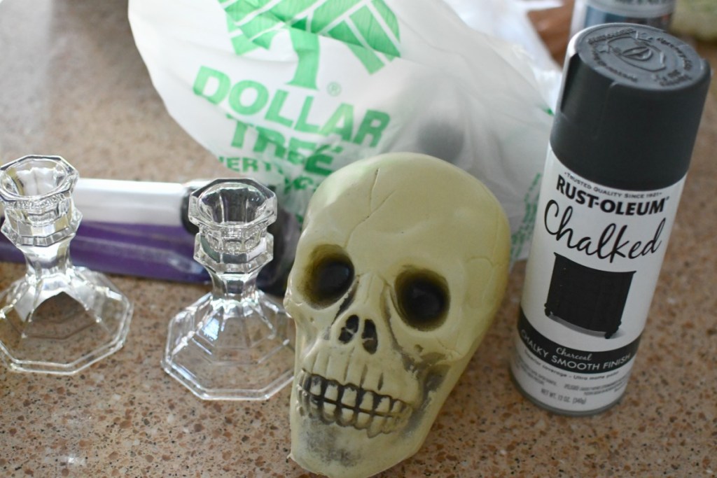 Dollar Tree DIY Easy Halloween Craft Using Skulls and Candlesticks