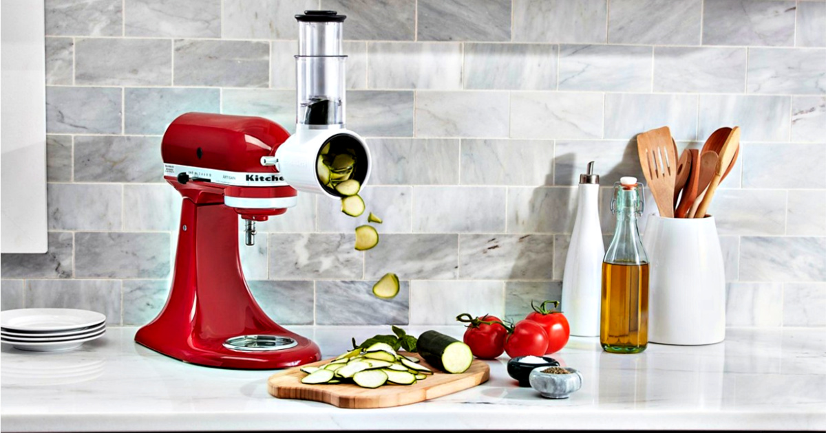 The kitchenaid ksm150psac almond cream mixer is incredibly versatile and more than a mixer. KitchenAid Artisan 5-Quart Stand Mixer w/ Slicer ...