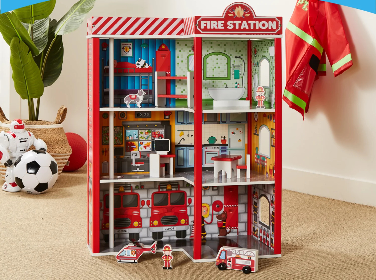 Wooden 3Story Fire Station Play Set w/ 12 Accessories Just 48.99