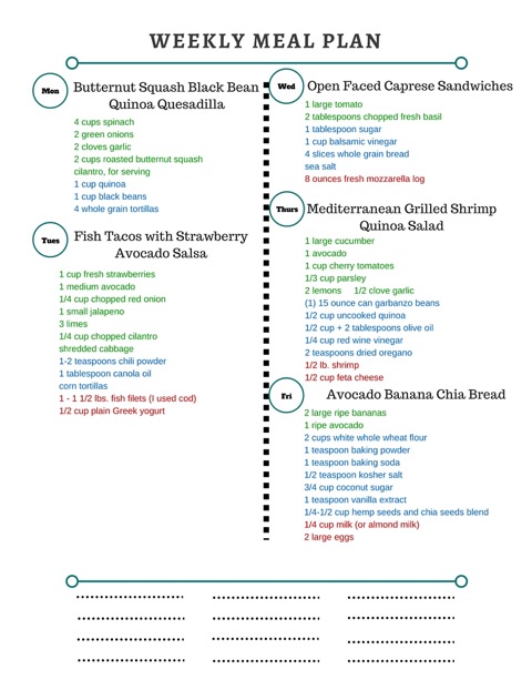 A healthy weekly meal plan featuring enchiladas, fresh fish tacos, Mediterranean Grilled Shrimp Quinoa Salad and more!