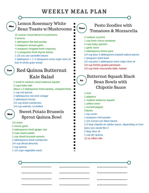 Healthy Weekly Meal Plan 9.17.16! A healthy weekly meal plan featuring Lemon Rosemary White Bean Toasts, Red Quinoa Butternut Squash Kale Salad, Butternut Squash and Black Bean Bowls and more!