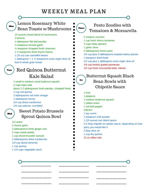 Healthy Weekly Meal Plan 9.17.16! A healthy weekly meal plan featuring Lemon Rosemary White Bean Toasts, Red Quinoa Butternut Squash Kale Salad, Butternut Squash and Black Bean Bowls and more!