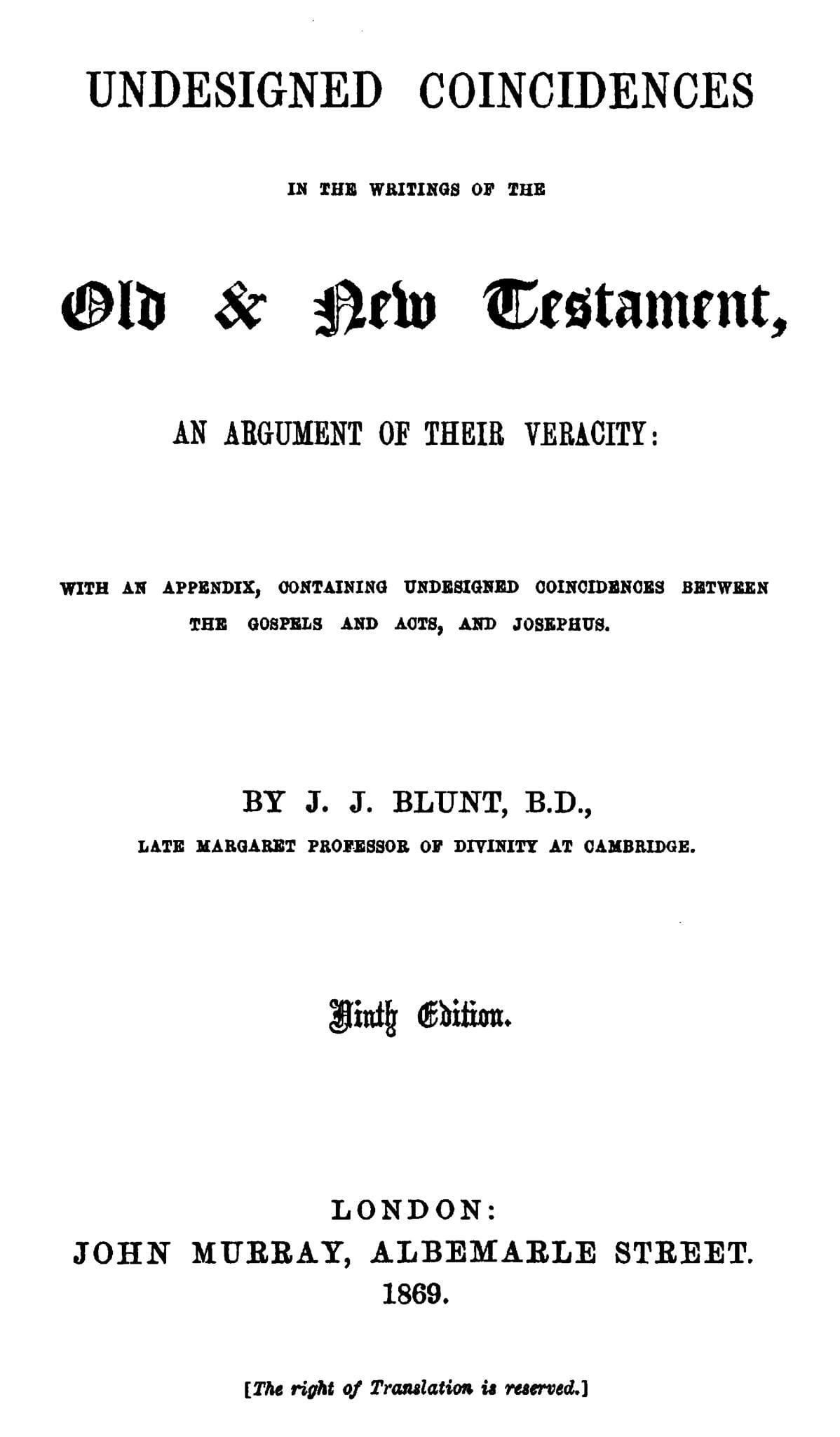 Blunt, John James The Library of Historical Apologetics