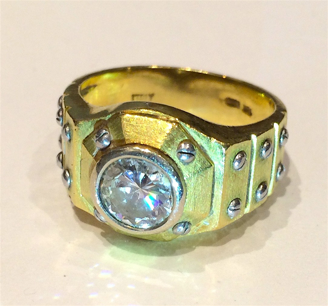 Italian “Royal Oak” style 18K yellow and white gold ring set with a