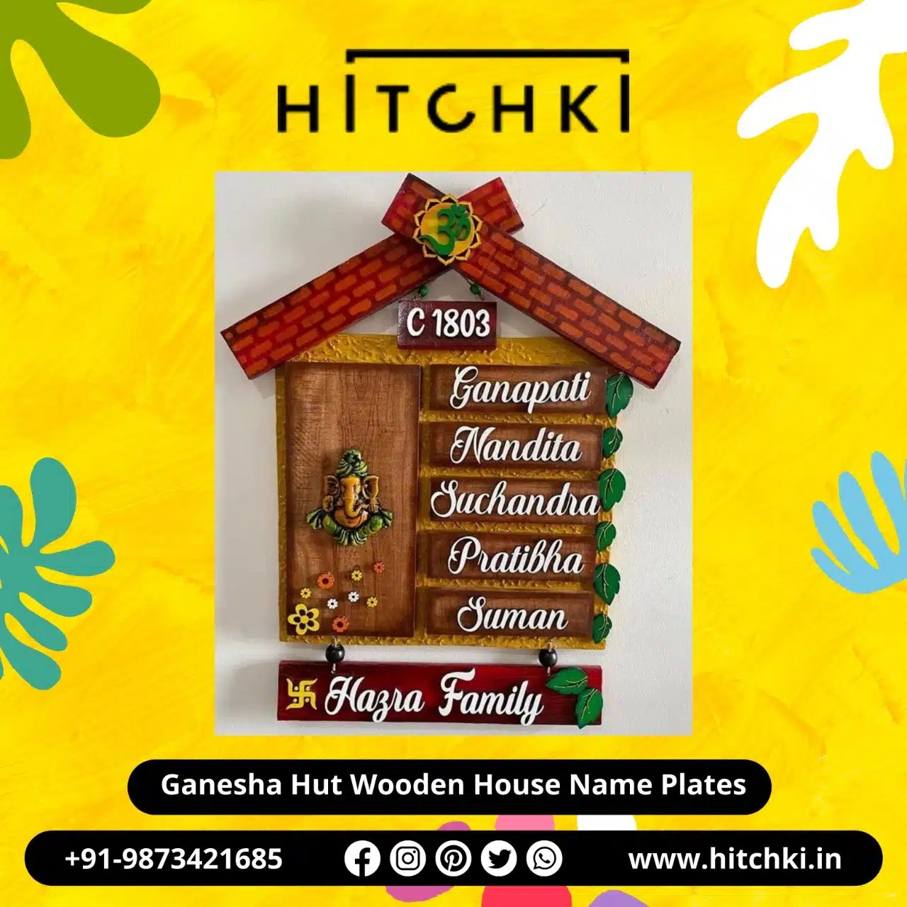 Hut Shaped Wooden Ganesha Name Plate for New House HITCHKI
