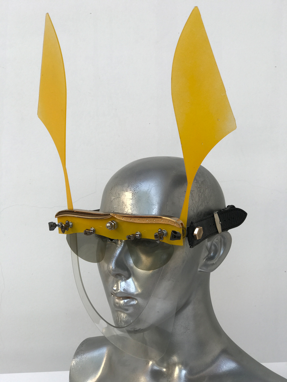 yellow mask with ears, wearable art, unusual eye wear, styling video Hi
