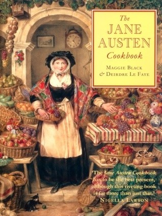 The cover of the Jane Austen Cookbook shows a woman in 19th century dress at a food market.