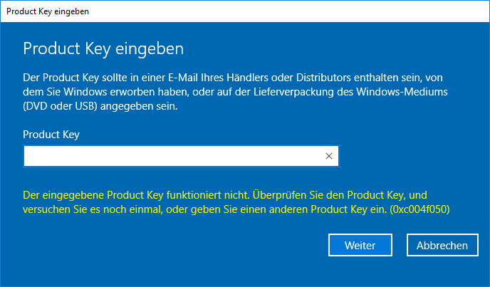 Windows 10 Upgrade auf Pro / Enterprise (Fehler 0xc004f050) »