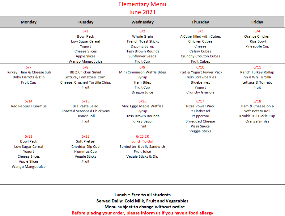 Elementary School Lunch Menu June 2021 Holliston Reporter