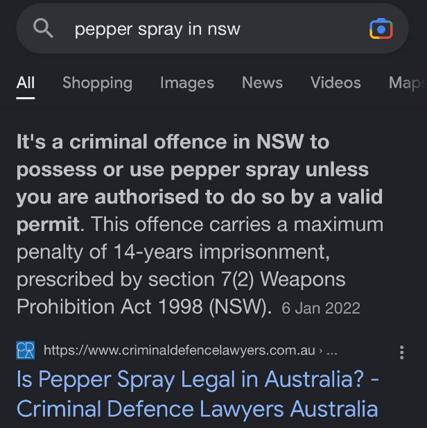 Pepper spray legalities in NSW, Australia Hollutions