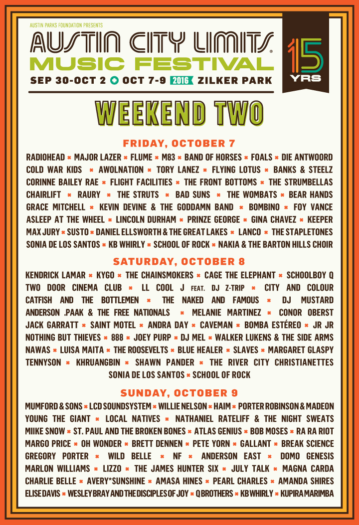 Acl Austin 2024 Schedule Austin City Limits Music Festival — Full Schedule For ACL 2016