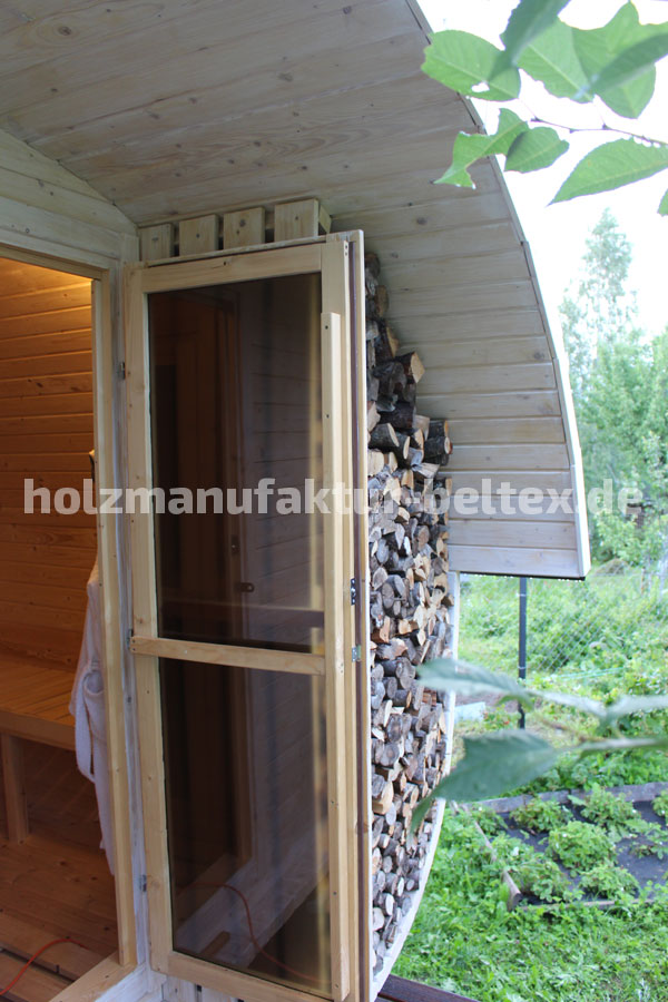 Oval Fasssauna mit Vorraum, Dusche und Fenster Aussensauna kaufen