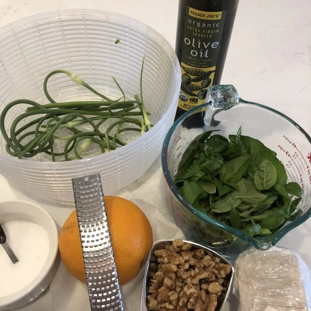 Garlic Scape and Basil Pesto with Walnuts and Orange Home Away Cafe