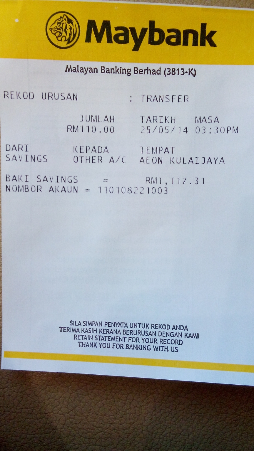 No Kpt Pemilik Akaun Bank