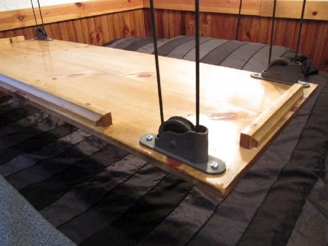 DIY Hanging Bed Table can move up via its pulley system
