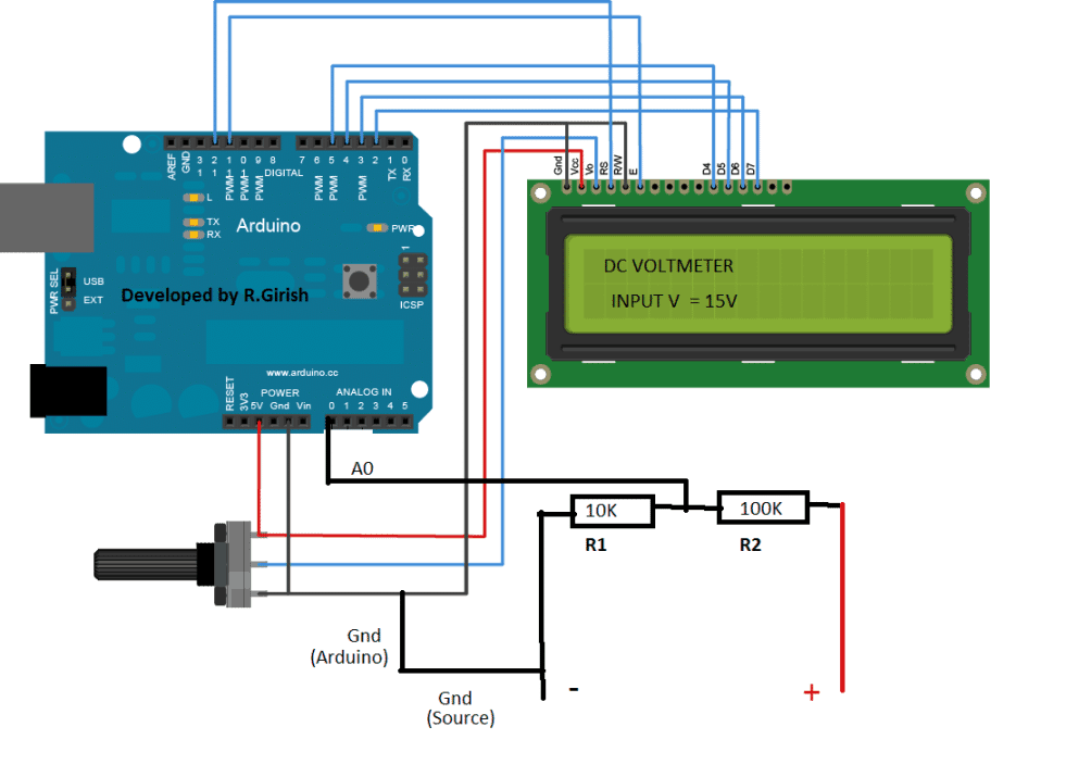 Arduino based DC Voltmeter Circuit Construction Details