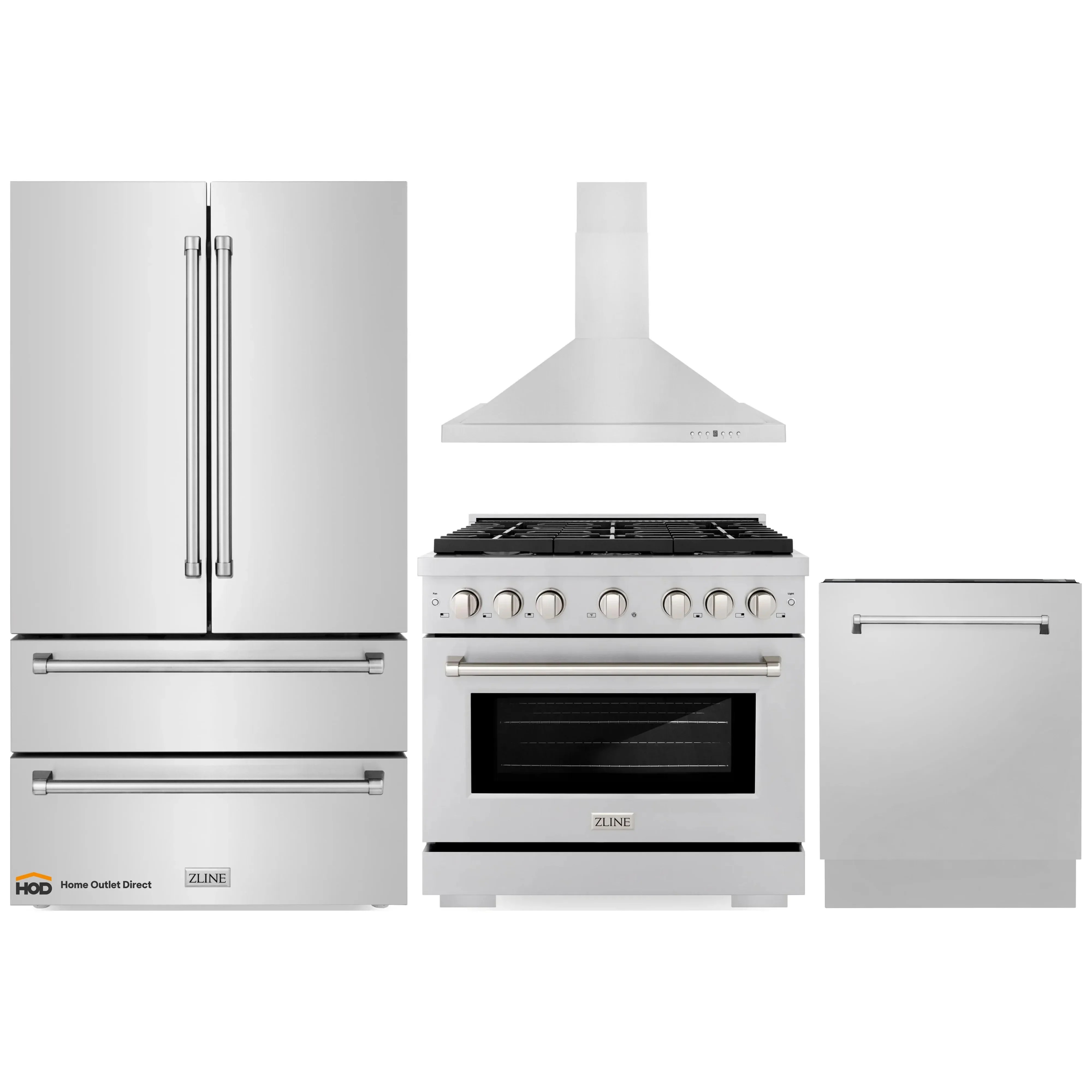 ZLINE 4Pc Package 36" Gas Range, Refrigerator, Dishwasher
