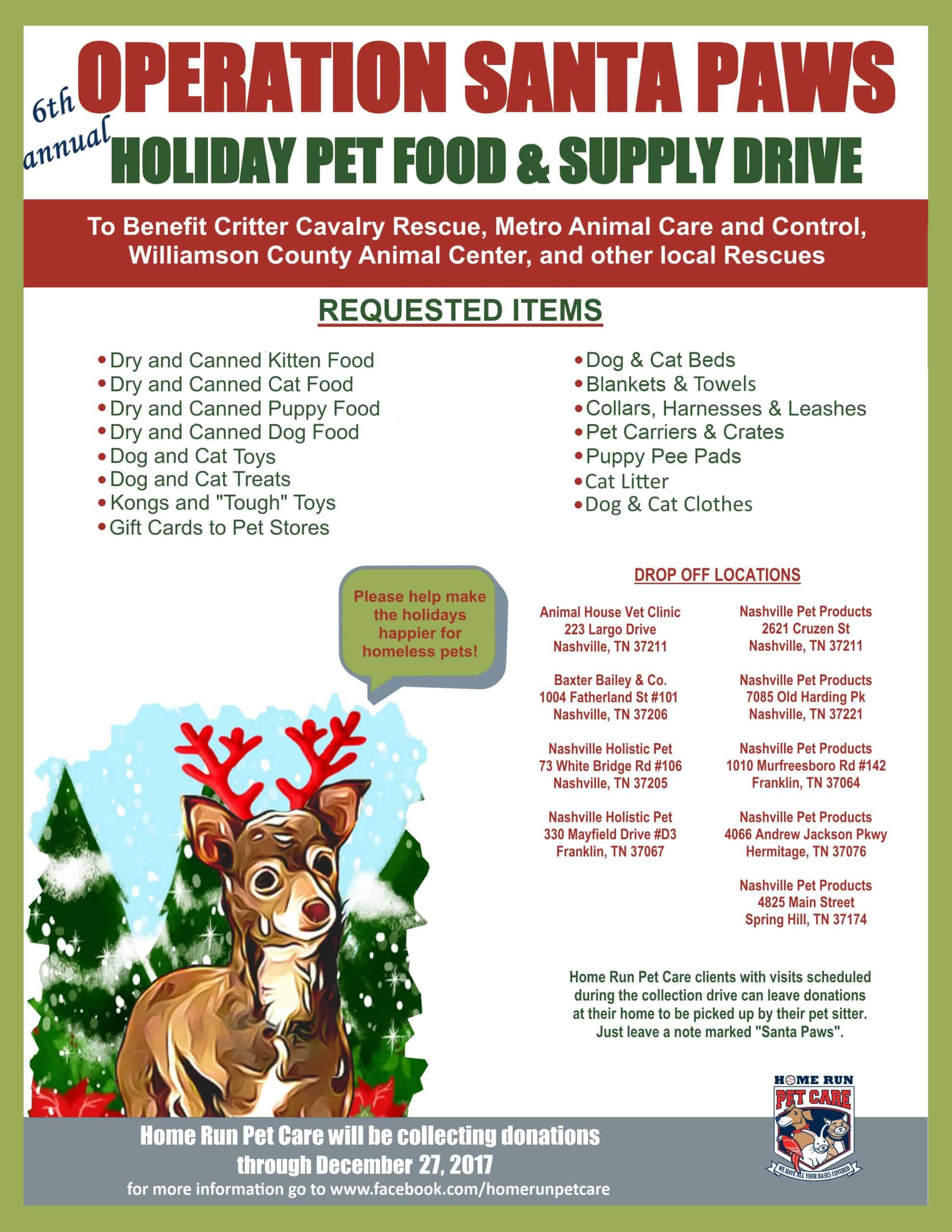 6th Annual Operation Santa Paws Holiday Pet Food & Supply Drive Home Run Pet Care