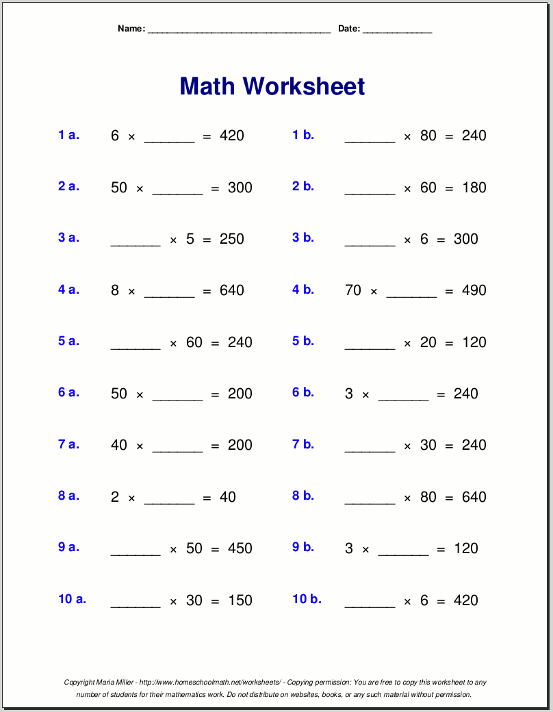 Multiplication worksheets for grade 3