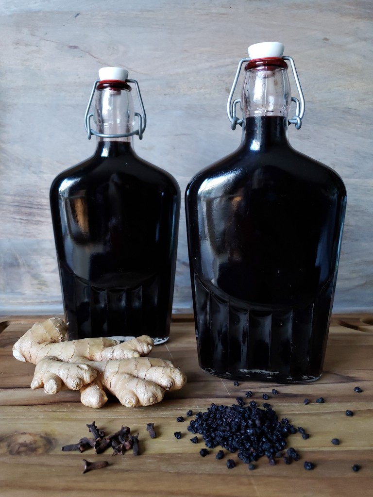 Two full swing-top bottles of dark, inky, nearly black homemade elderberry syrup. In the foreground lays a hand of ginger and randomly spilled dried elderberries around the base of the bottles. 