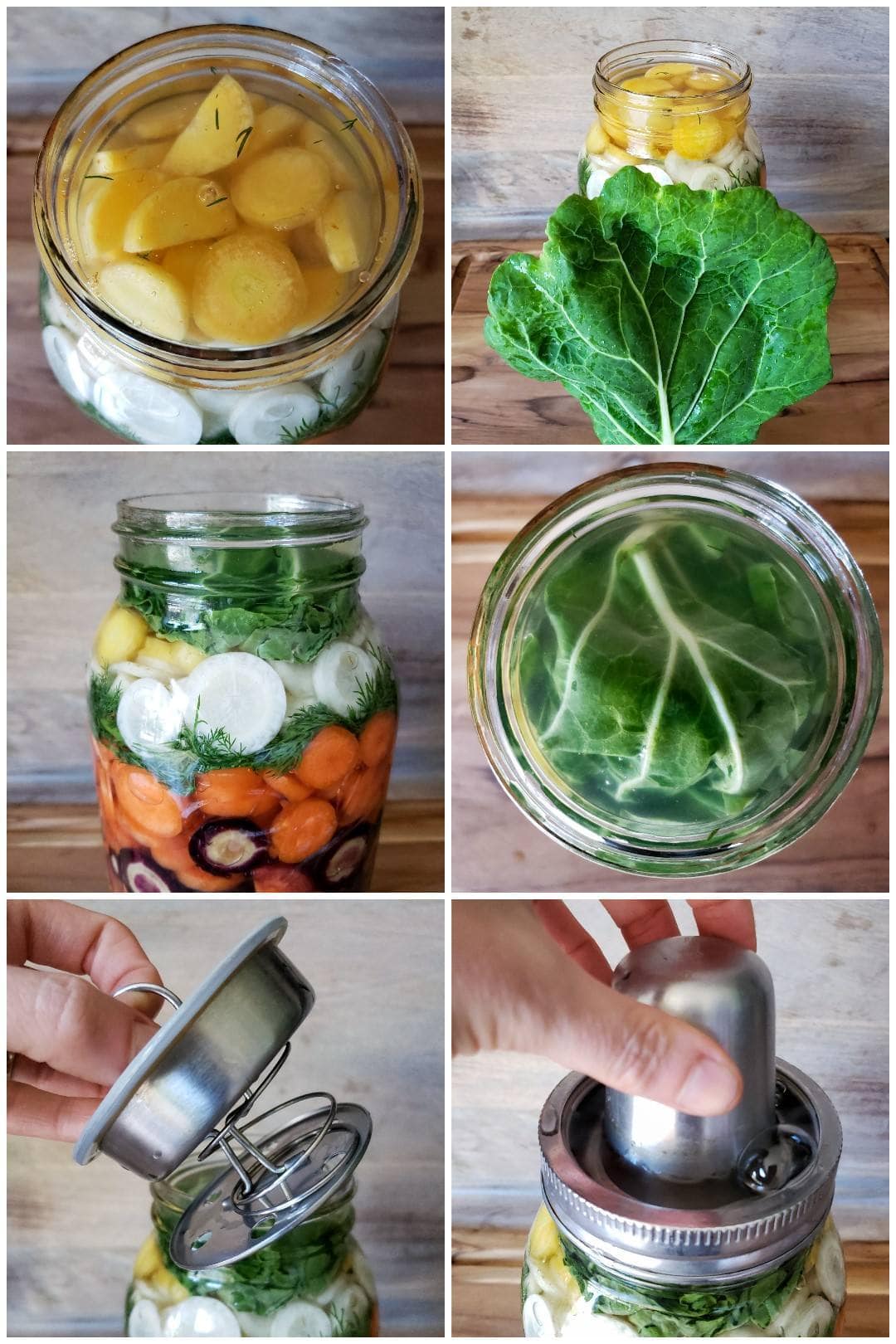 6 images. Showing the step by step process of the steps described in 7 and 8 - adding a leaf of collard greens to the top of a full jar of cut carrots with brine inside, tucked in on top. Then a stainless steel